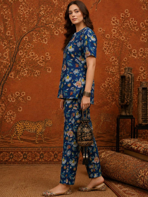 Sangria Indigo Cotton Printed Tunic with Trousers - Image 7