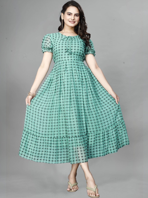 Moda Rapido Polka Dot Print Puff Sleeve Georgette A-Line Maxi Dress