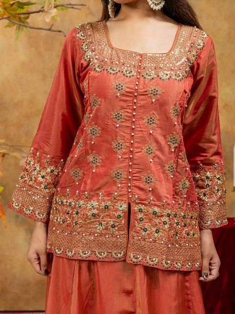 PAVITRAA SAREES Women Ethnic Motifs Embroidered Regular Beads and Stones Kurta with Sharara & With Dupatta - Image 5