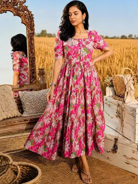 AURIPRX FASHION Floral Print Puff Sleeve A-Line Maxi Dress
