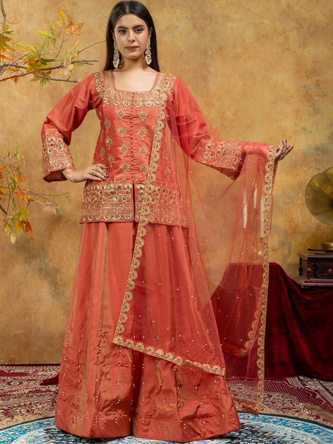 PAVITRAA SAREES Women Ethnic Motifs Embroidered Regular Beads and Stones Kurta with Sharara & With Dupatta