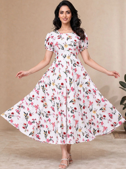 Moda Rapido Floral Print Puff Sleeve Crepe Fit & Flare Midi Dress