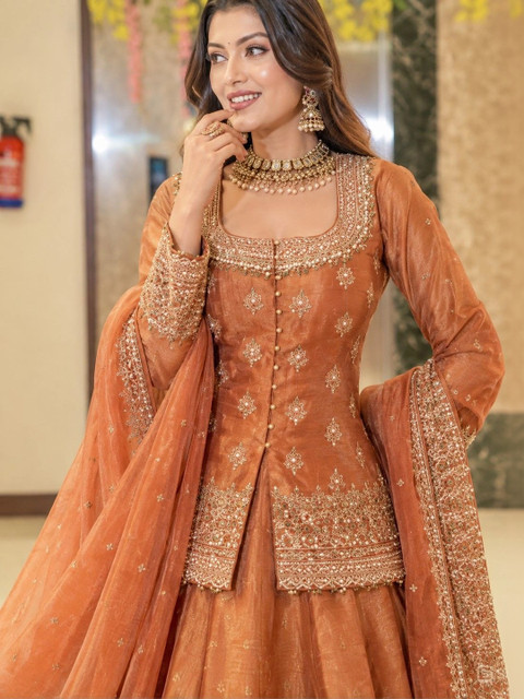 PAVITRAA SAREES Women Ethnic Motifs Embroidered Regular Kurta with Skirt & With Dupatta - Image 5
