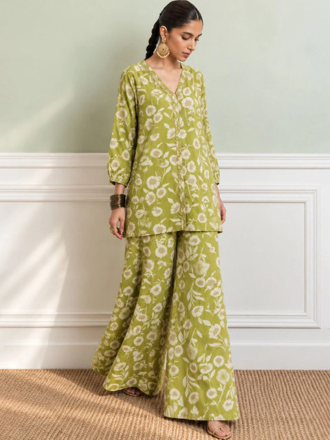 Shae by SASSAFRAS Floral Printed Mirror Work V Neck Shirt & Palazzos