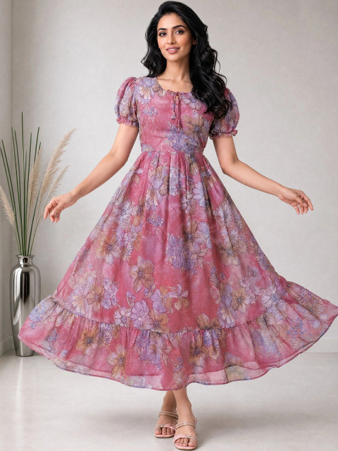 Moda Rapido Floral Print Puff Sleeve Ruffled Georgette A-Line Midi Dress