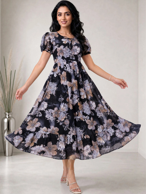 Moda Rapido Floral Print Puff Sleeve Georgette Fit & Flare Midi Dress