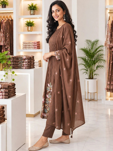 SRF KURTI HUB Women Floral Embroidered Regular Thread Work Kurta with Trousers & With Dupatta - Image 5