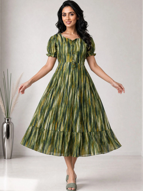 Moda Rapido Print Puff Sleeve Georgette A-Line Midi Dress