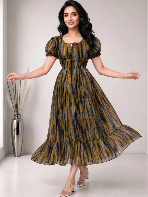 Moda Rapido Print Puff Sleeve Georgette A-Line Midi Dress