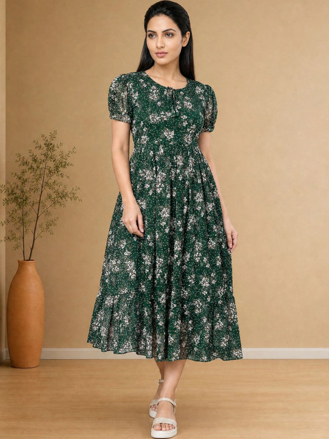 Moda Rapido Floral Print Puff Sleeve Georgette A-Line Midi Dress