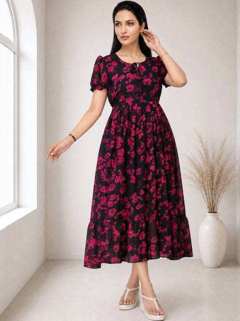 Moda Rapido Floral Print Puff Sleeve Ruffled Georgette A-Line Midi Dress
