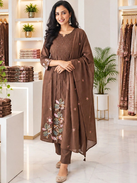 SRF KURTI HUB Women Floral Embroidered Regular Thread Work Kurta with Trousers & With Dupatta