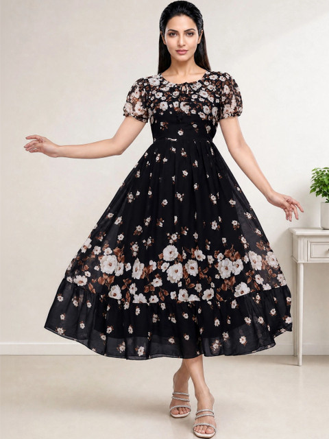 Moda Rapido Floral Print Puff Sleeve Georgette Fit & Flare Midi Dress