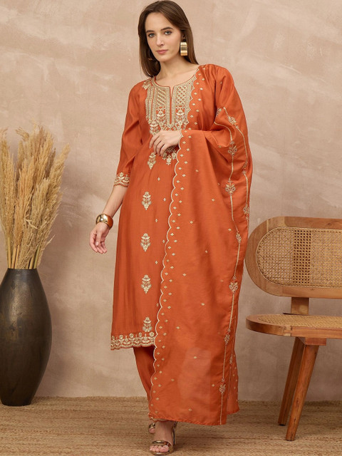 all about you Women Ethnic Motifs Embroidered Regular Thread Work Kurta with Trousers & With Dupatta