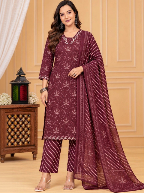 Bachuu Women Ethnic Motifs Printed Regular Beads and Stones Pure Cotton Kurta with Trousers & With Dupatta