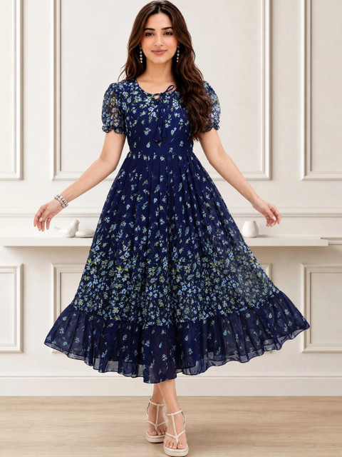Moda Rapido Floral Print Tie-Up Neck Puff Sleeve Georgette A-Line Midi Dress