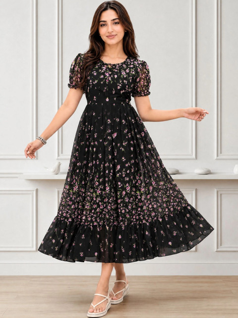 Moda Rapido women Floral Print Georgette Puff Sleeve Ruffled Georgette A-Line Midi Dress