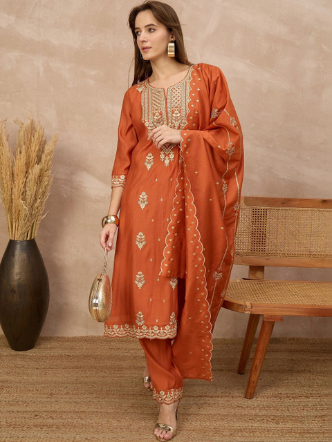 all about you Women Ethnic Motifs Embroidered Regular Thread Work Kurta with Trousers & With Dupatta - Image 7