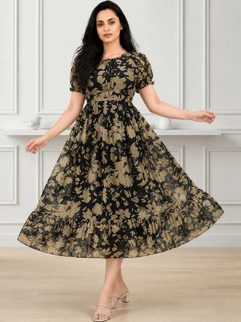 Moda Rapido Floral Print Puff Sleeve Ruffled Georgette A-Line Midi Dress