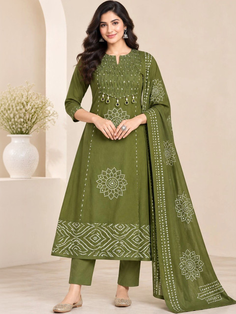 MANOOHARI Women Ethnic Motifs Printed Mirror Work Pure Cotton Kurta & Trousers & Dupatta