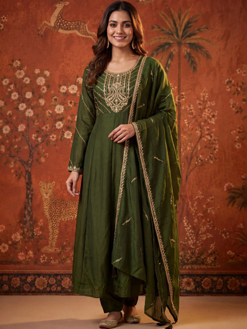 Sangria Women Ethnic Motifs Embroidered Regular Thread Work Kurta with Trousers & With Dupatta
