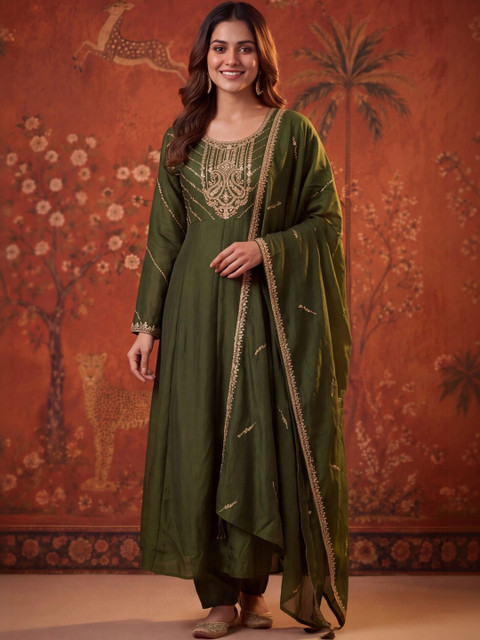 Sangria Women Ethnic Motifs Embroidered Regular Thread Work Kurta with Trousers & With Dupatta - Image 6