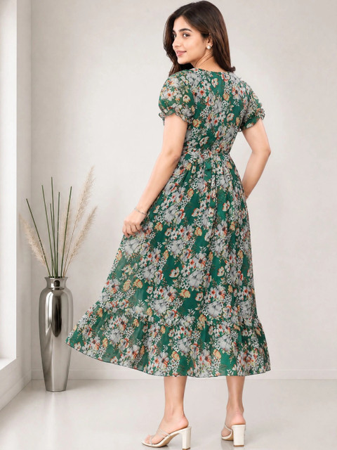 Moda Rapido Floral Printed Puff Sleeve Georgette A-Line Midi Dress - Image 2