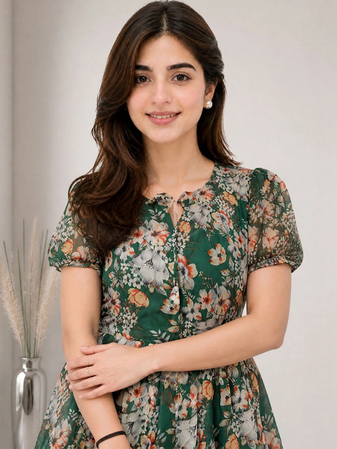 Moda Rapido Floral Printed Puff Sleeve Georgette A-Line Midi Dress - Image 4