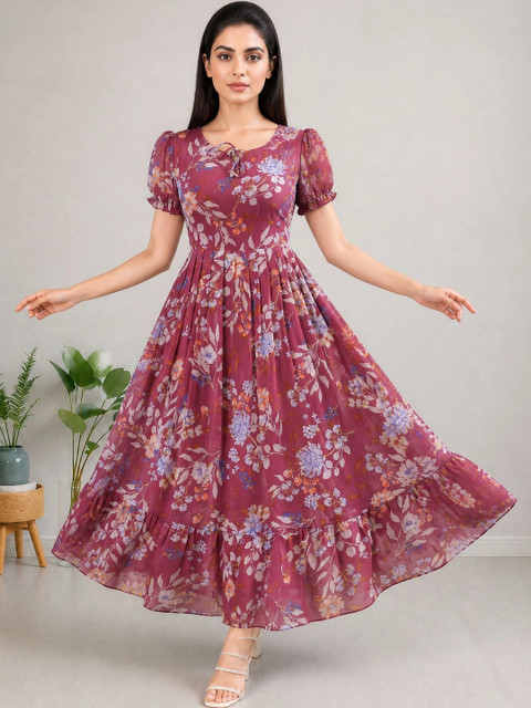 Moda Rapido Floral Print Puff Sleeve Georgette A-Line Maxi Dress