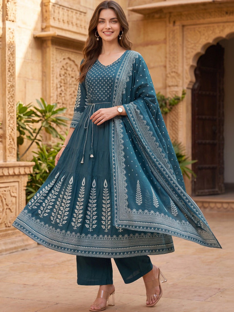 Anouk Rustic Women Ethnic Motifs Printed Tiered Pure Cotton Kurta with Palazzos & With Dupatta