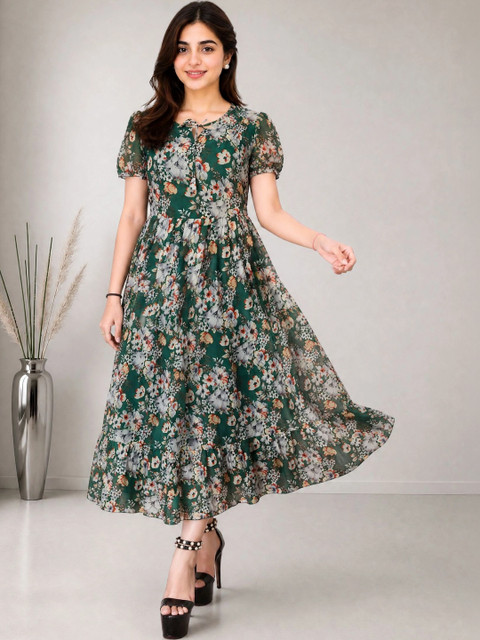 Moda Rapido Floral Printed Puff Sleeve Georgette A-Line Midi Dress - Image 3