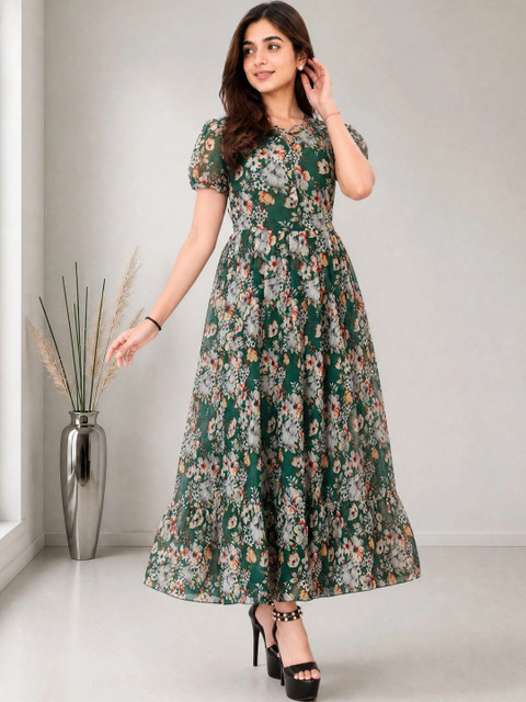 Moda Rapido Floral Printed Puff Sleeve Georgette A-Line Midi Dress - Image 5