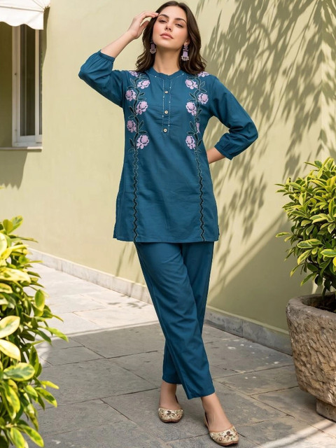 Sangria Cotton Embroidered Top with Palazzos - Image 3