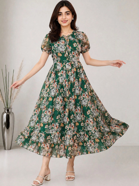 Moda Rapido Floral Printed Puff Sleeve Georgette A-Line Midi Dress