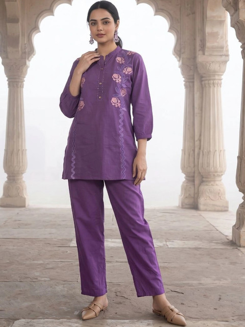 NAVYAAZRI Cotton Embroidered Top with Palazzos