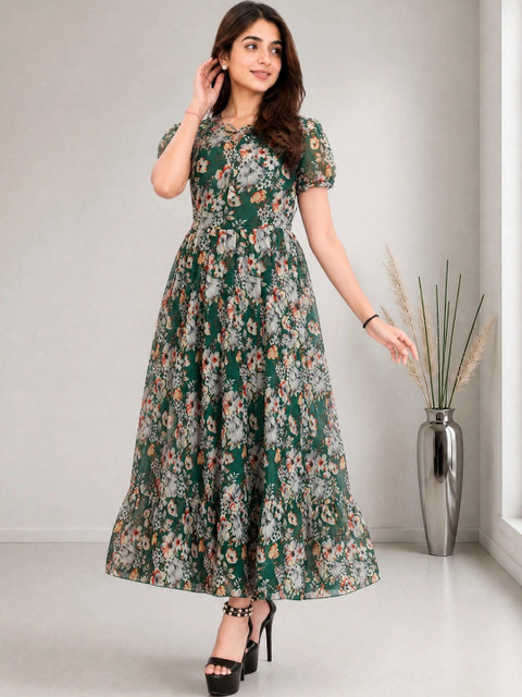 Moda Rapido Floral Printed Puff Sleeve Georgette A-Line Midi Dress - Image 6