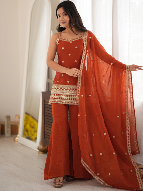 HERE&NOW Women Ethnic Motifs Embroidered Regular Kurta with Sharara & With Dupatta - Image 6