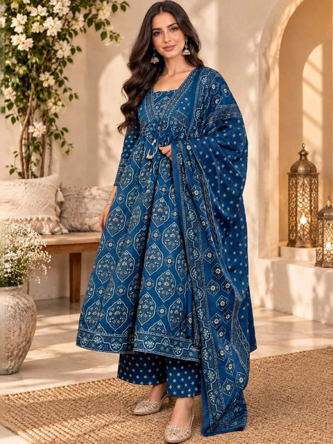 Indian Cloth Store Women Ethnic Motifs Printed Empire Pure Cotton Kurta with Palazzos & With Dupatta