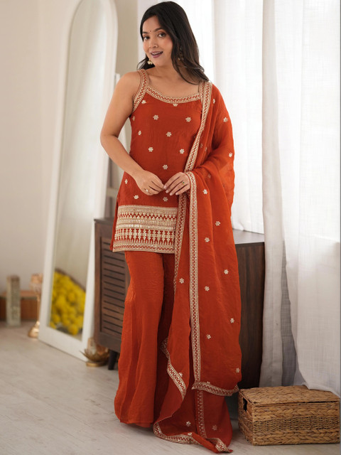 HERE&NOW Women Ethnic Motifs Embroidered Regular Kurta with Sharara & With Dupatta - Image 5