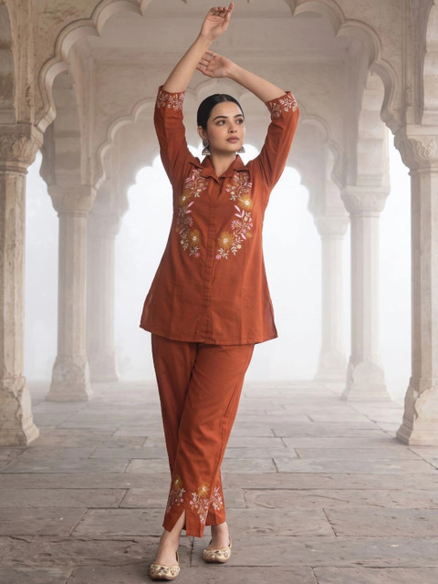 KALINI Cotton Embroidered Top with Palazzos