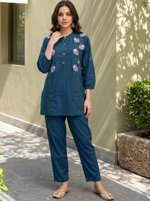 Sangria Cotton Embroidered Top with Palazzos - Image 5