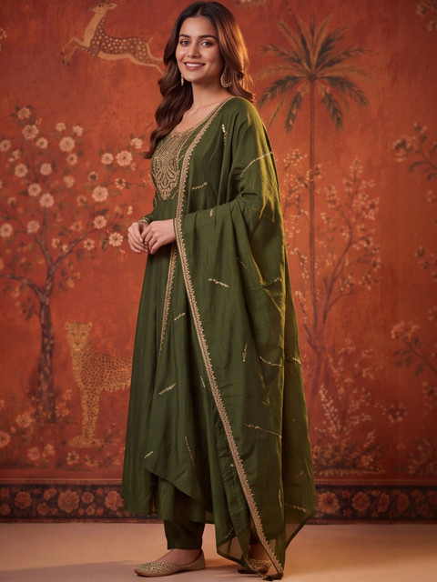 Sangria Women Ethnic Motifs Embroidered Regular Thread Work Kurta with Trousers & With Dupatta - Image 3