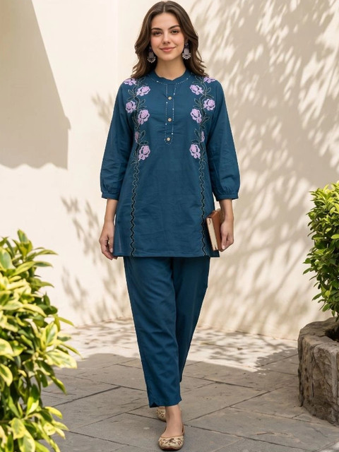 Sangria Cotton Embroidered Top with Palazzos