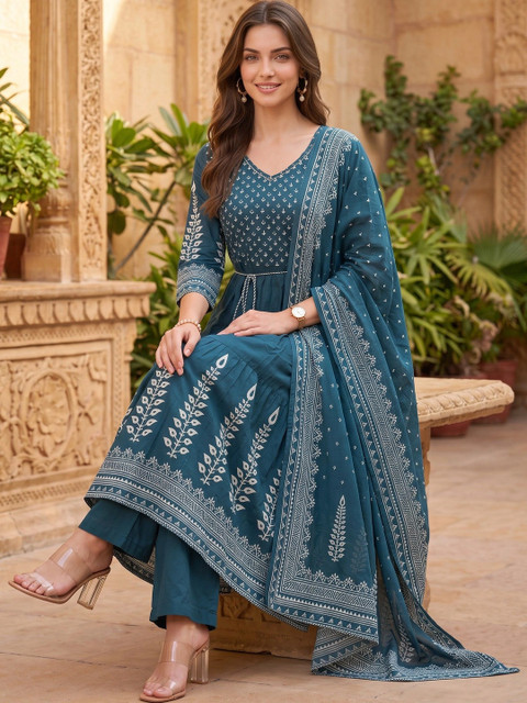 Anouk Rustic Women Ethnic Motifs Printed Tiered Pure Cotton Kurta with Palazzos & With Dupatta - Image 4
