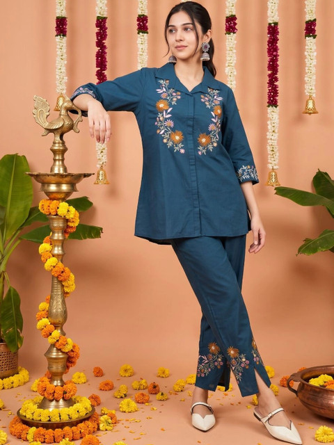 HERE&NOW Cotton Embroidered Top with Palazzos - Image 2