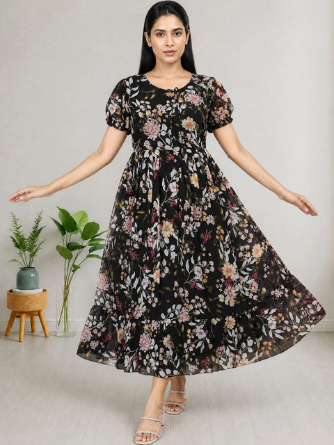 Moda Rapido Floral Print Puff Sleeve Ruffled Georgette A-Line Midi Dresses