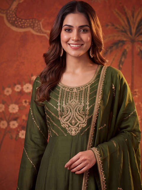 Sangria Women Ethnic Motifs Embroidered Regular Thread Work Kurta with Trousers & With Dupatta - Image 4