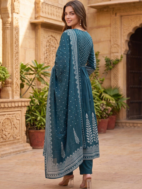 Anouk Rustic Women Ethnic Motifs Printed Tiered Pure Cotton Kurta with Palazzos & With Dupatta - Image 6