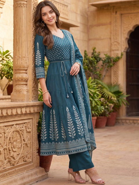 Anouk Rustic Women Ethnic Motifs Printed Tiered Pure Cotton Kurta with Palazzos & With Dupatta - Image 3