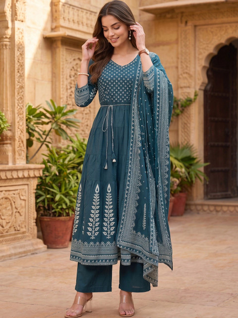 Anouk Rustic Women Ethnic Motifs Printed Tiered Pure Cotton Kurta with Palazzos & With Dupatta - Image 5